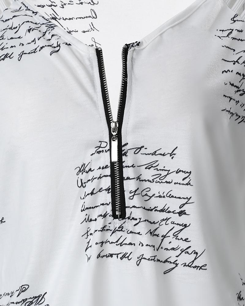 Letter Print Zipper Design V Neck Top