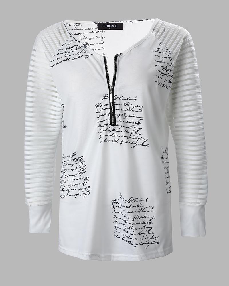 Letter Print Zipper Design V Neck Top