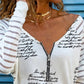 Letter Print Zipper Design V Neck Top