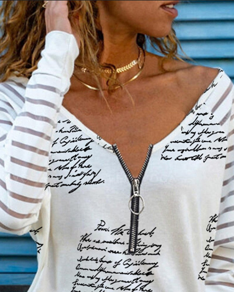 Letter Print Zipper Design V Neck Top