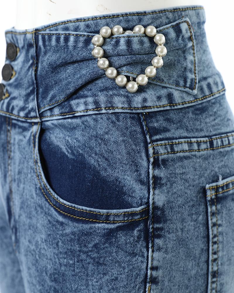 Pearls Decor Buttoned High Waist Skinny Jeans