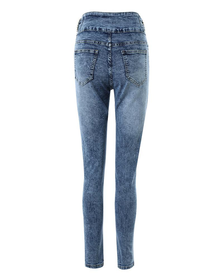 Pearls Decor Buttoned High Waist Skinny Jeans