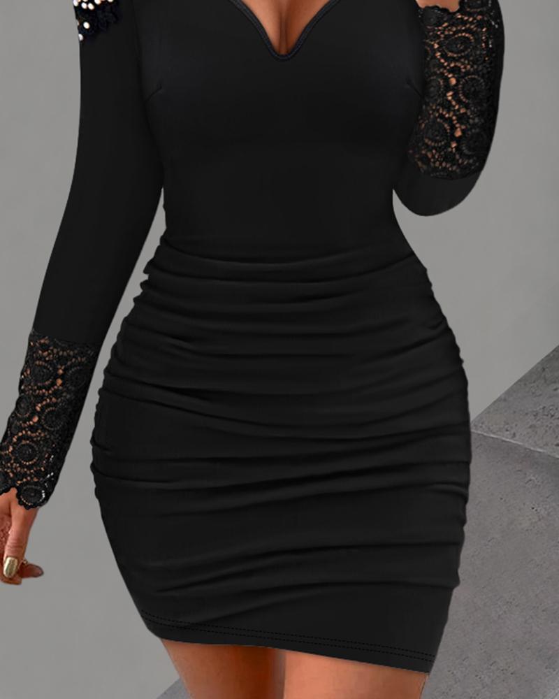 Beaded Lace Patch Ruched Bodycon Dress