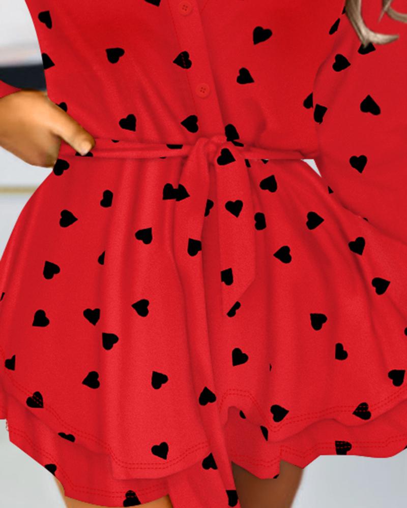 Heart Print Colorblock Tied Detail Layered Romper