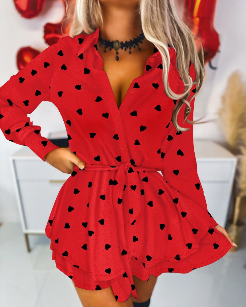 Heart Print Colorblock Tied Detail Layered Romper