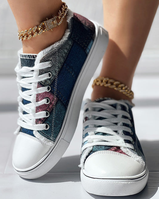 Denim Look Print Eyelet Lace up Raw Hem Sneakers