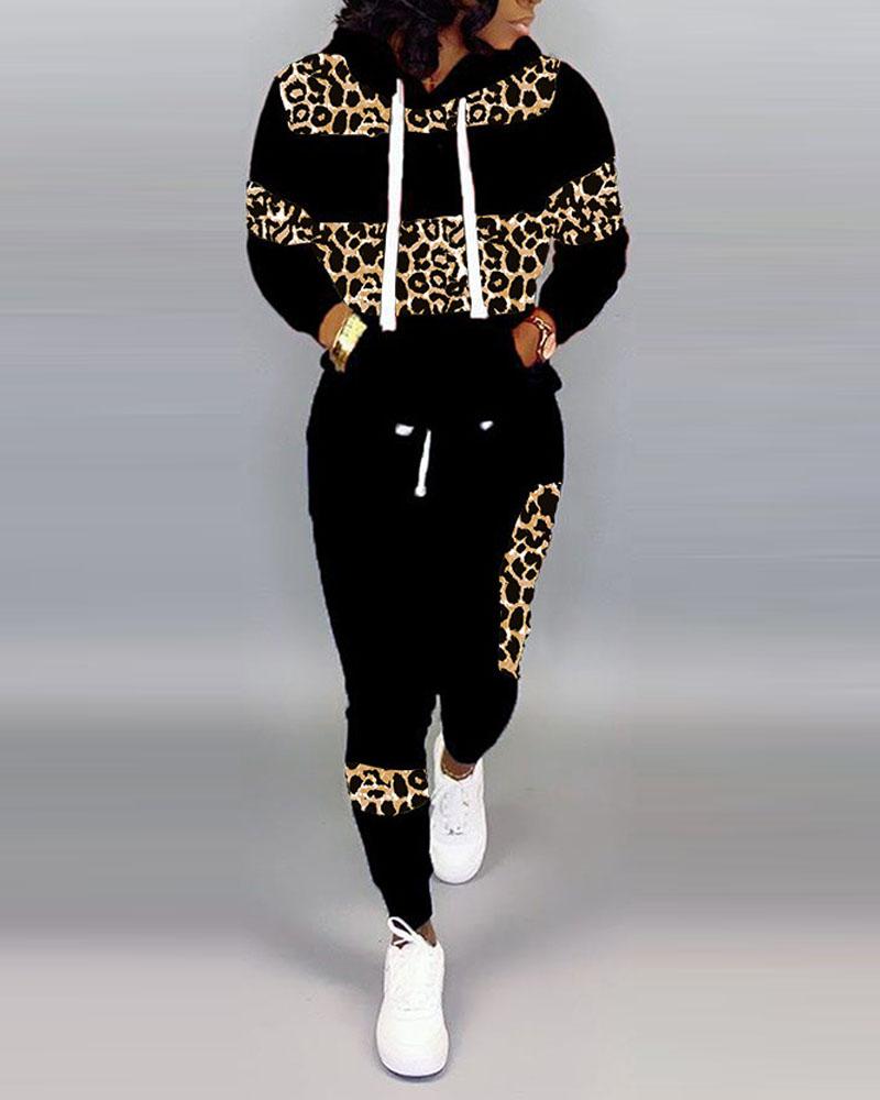Leopard Print Long Sleeve Hoodie & Pants Set