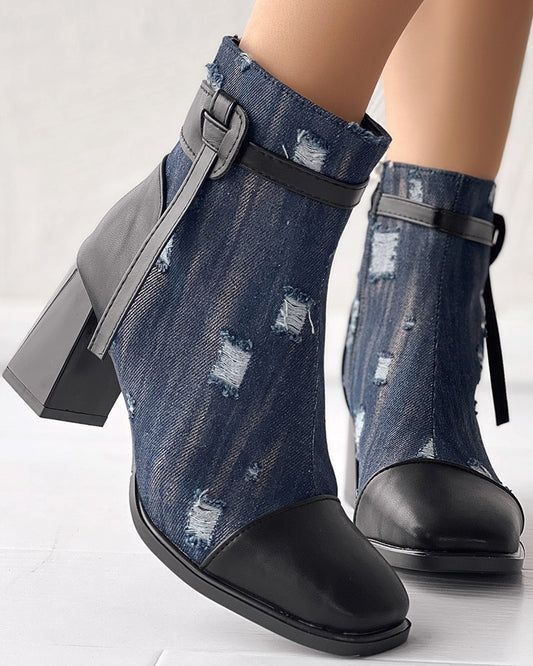 Ripped Denim Chunky Heem Ankle Boots