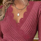 V Neck Lace Patch Long Sleeve Top