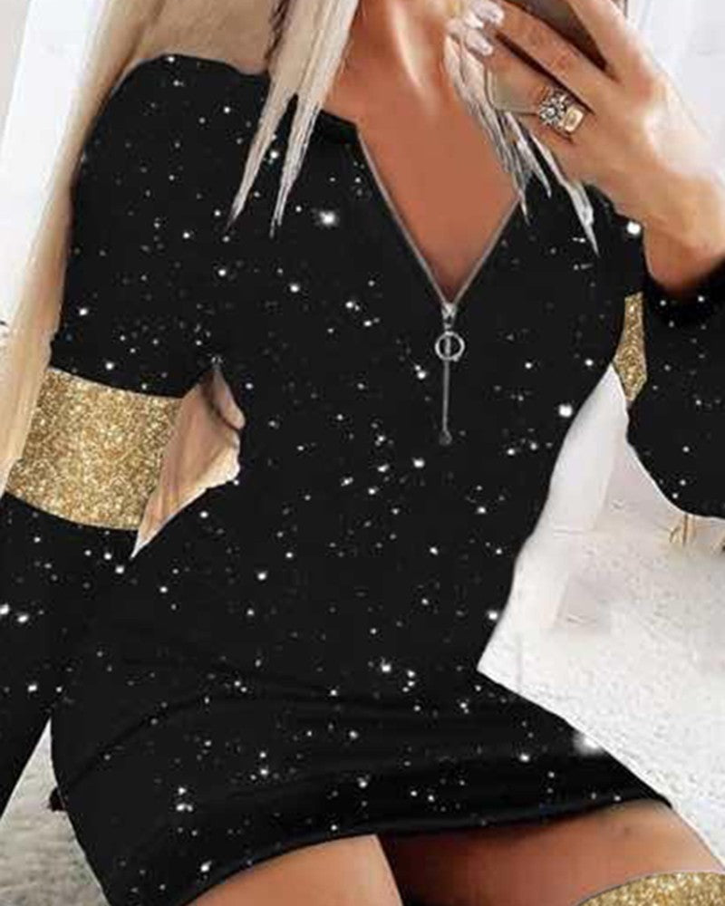 Glitter Zipper Design Long Sleeve Bodycon Dress