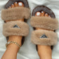 Label Decor Double Band Fluffy Slippers