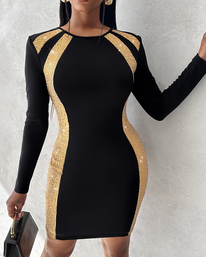Contrast Sequin Long Sleeve Slit Bodycon Dress