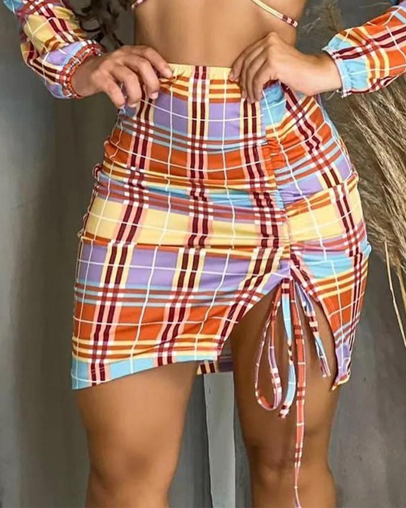 Plaid Print Crop Top & Drawstring Ruched Skirt Set