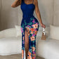 Floral Print High Slit Drawstring Maxi Dress
