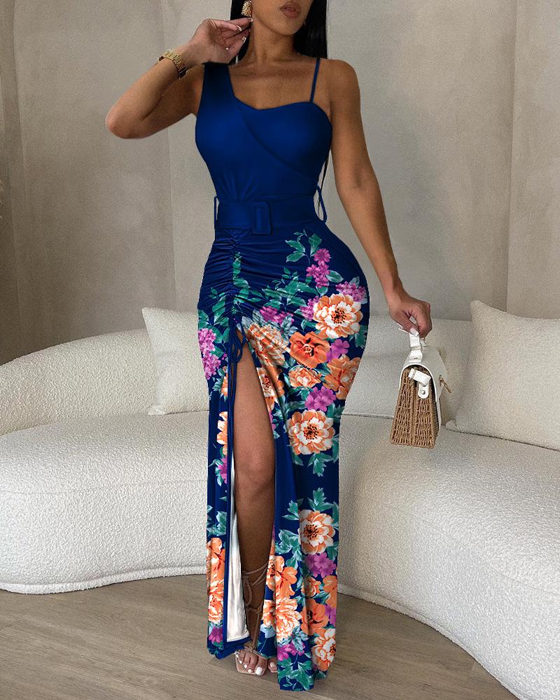 Floral Print High Slit Drawstring Maxi Dress