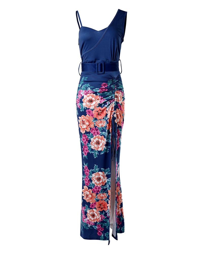 Floral Print High Slit Drawstring Maxi Dress