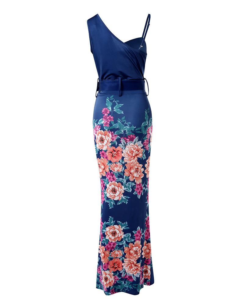 Floral Print High Slit Drawstring Maxi Dress