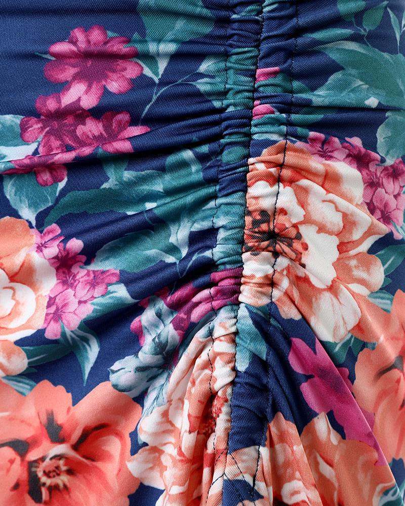 Floral Print High Slit Drawstring Maxi Dress