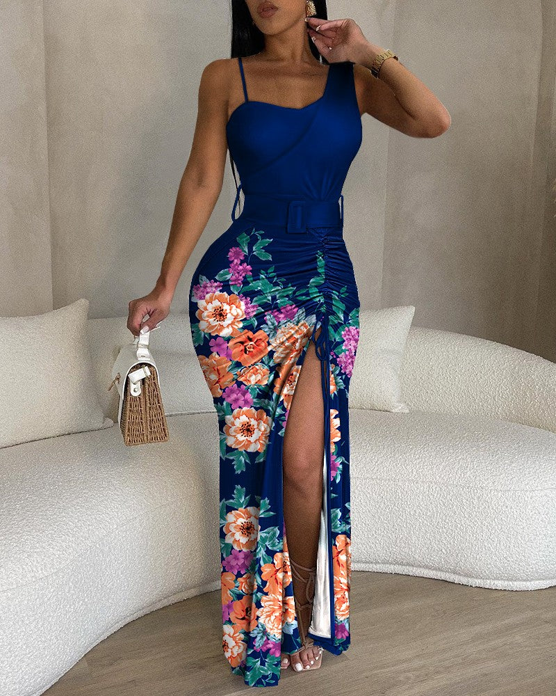 Floral Print High Slit Drawstring Maxi Dress