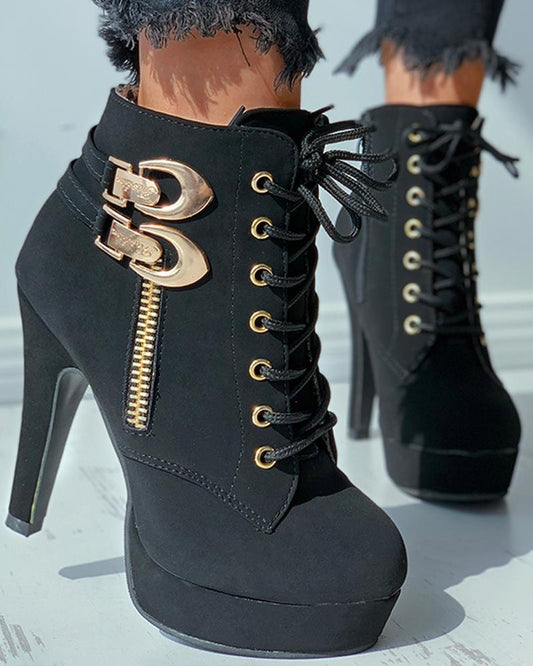 Buckle Zip Eyelet Lace up Heeled Boots