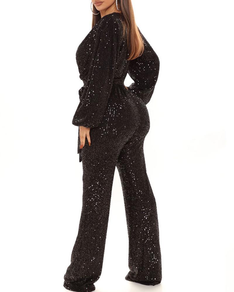 Lantern Sleeve Sequin Jumpsuit With Belt