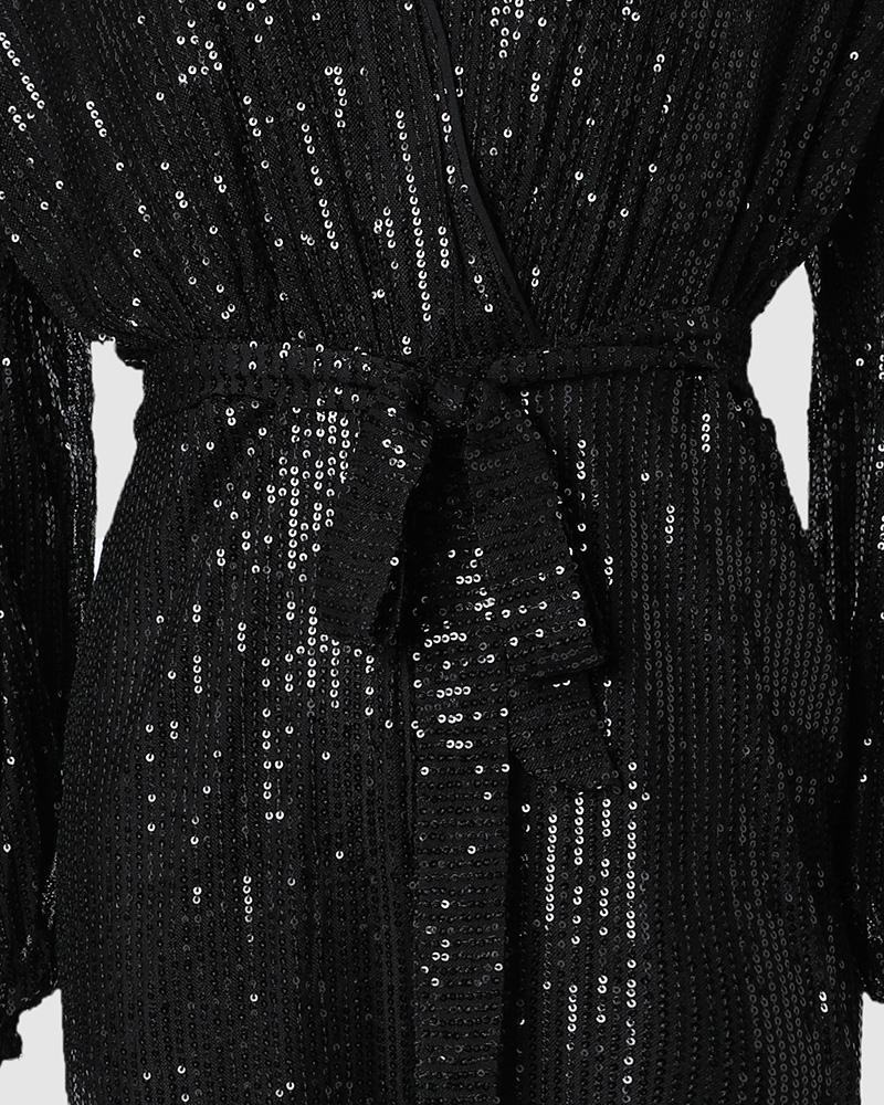 Lantern Sleeve Sequin Jumpsuit With Belt