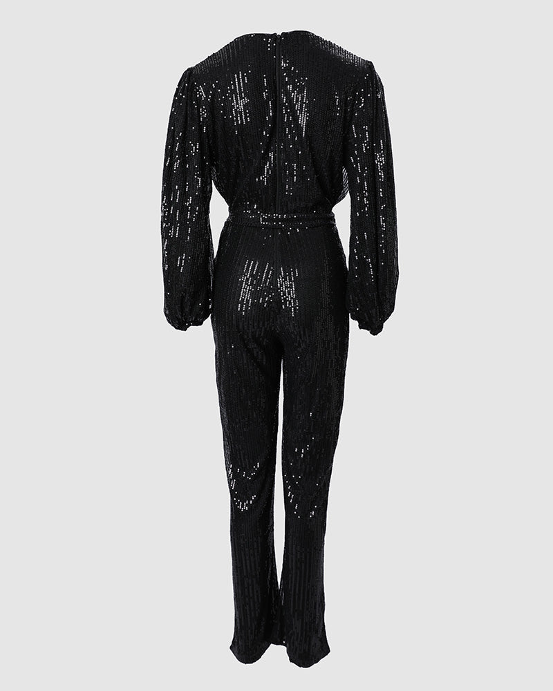 Lantern Sleeve Sequin Jumpsuit With Belt