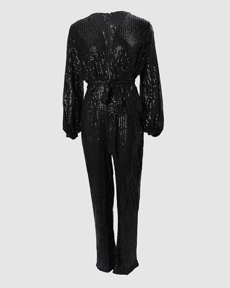 Lantern Sleeve Sequin Jumpsuit With Belt