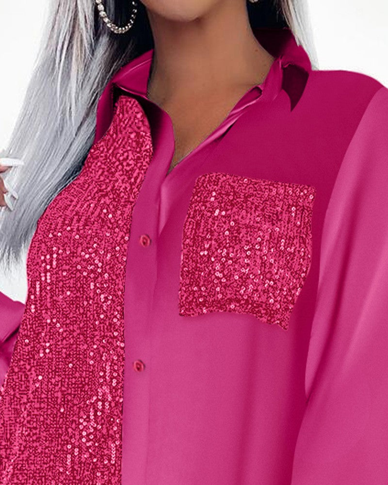 Contrast Sequin Pocket Design Shirt Dress