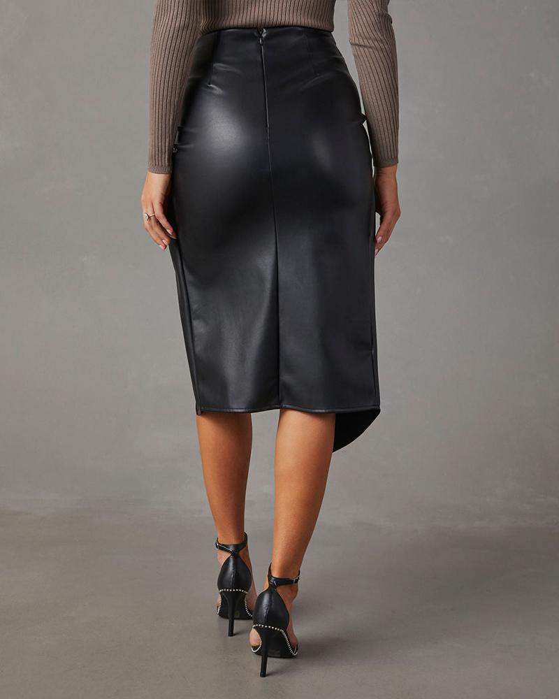 Twisted Slit PU Leather Asymmetrical Skirt