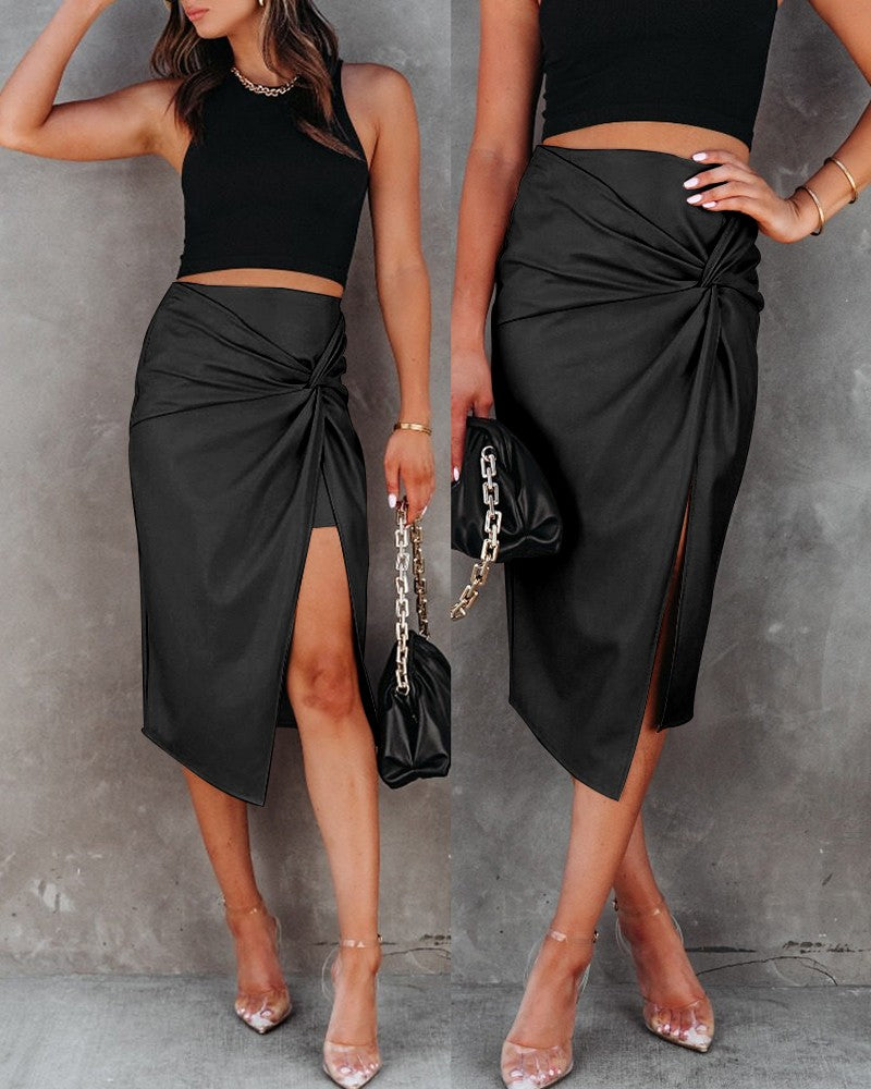 Twisted Slit PU Leather Asymmetrical Skirt