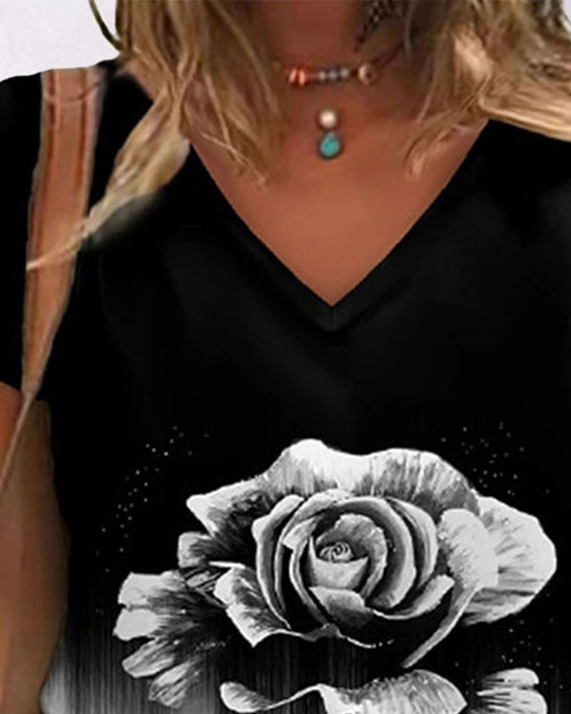 Floral Butterfly Print Colorblock Casual T shirt