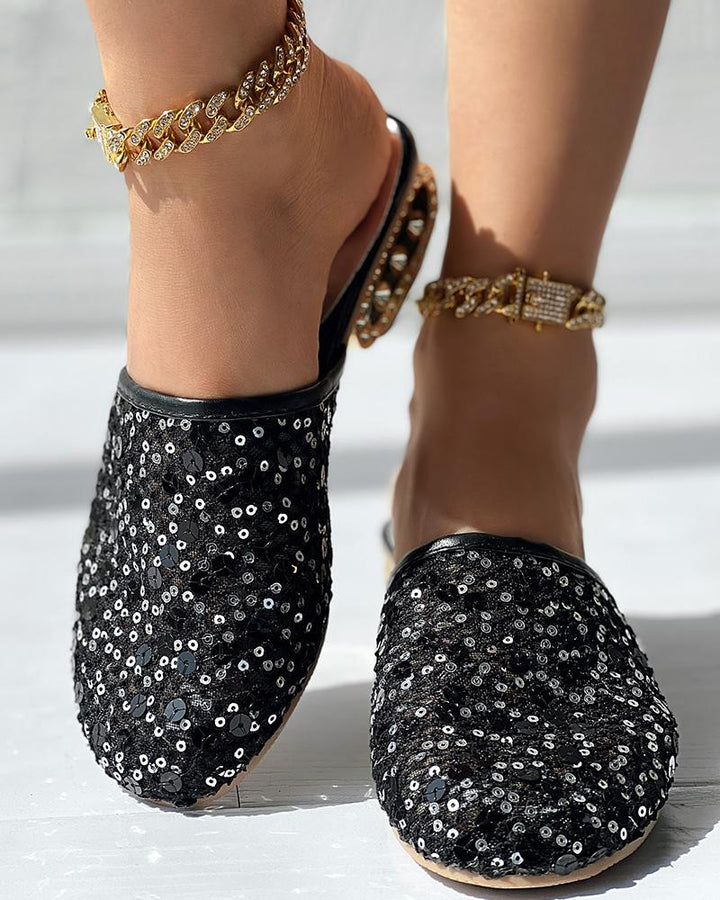 Contrast Sequin Lace Slipper Loafers