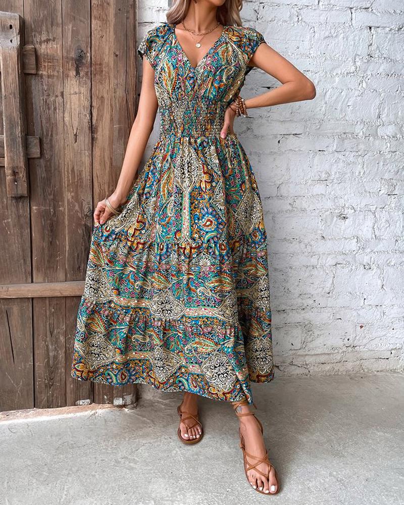 Baroque Paisley Print V Neck Ruched Casual Dress