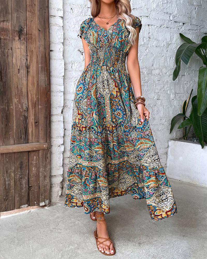 Baroque Paisley Print V Neck Ruched Casual Dress