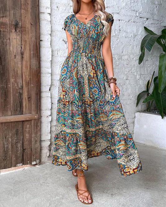 Baroque Paisley Print V Neck Ruched Casual Dress