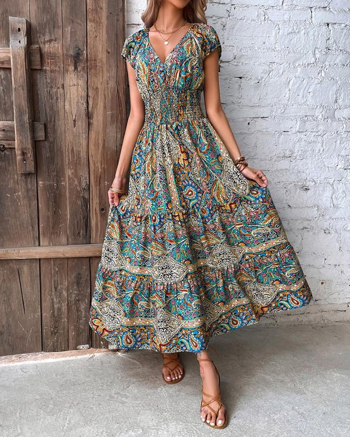 Baroque Paisley Print V Neck Ruched Casual Dress