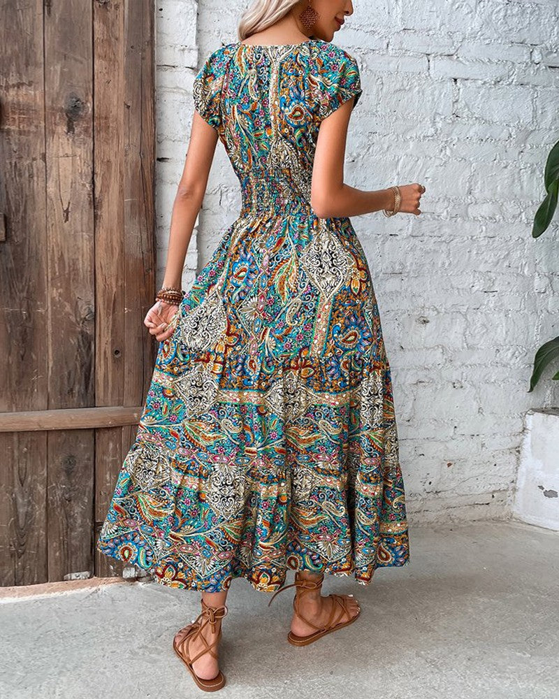 Baroque Paisley Print V Neck Ruched Casual Dress