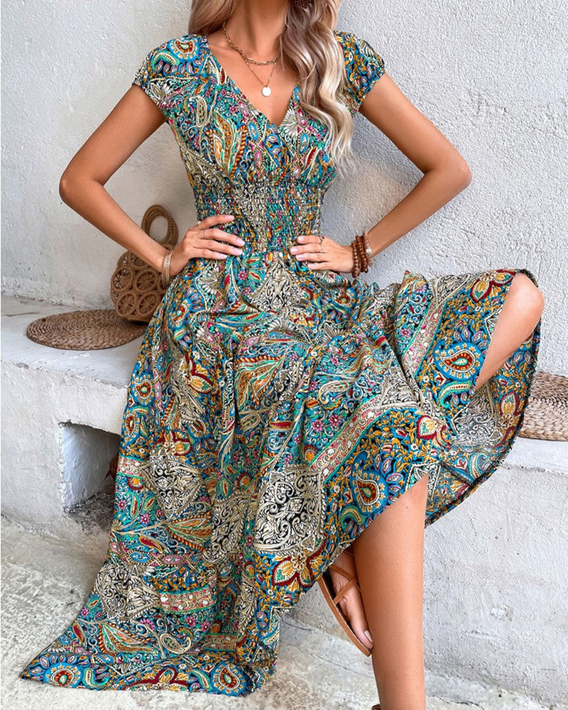 Baroque Paisley Print V Neck Ruched Casual Dress