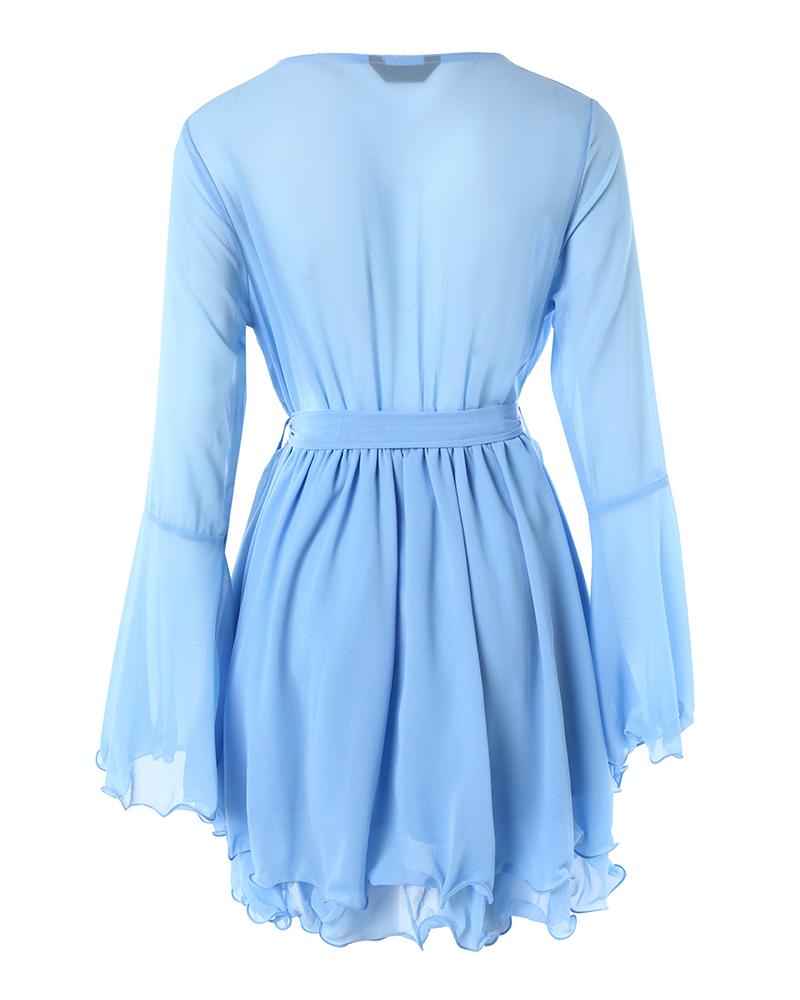 V Neck Bell Sleeve Pleated Layered Dress