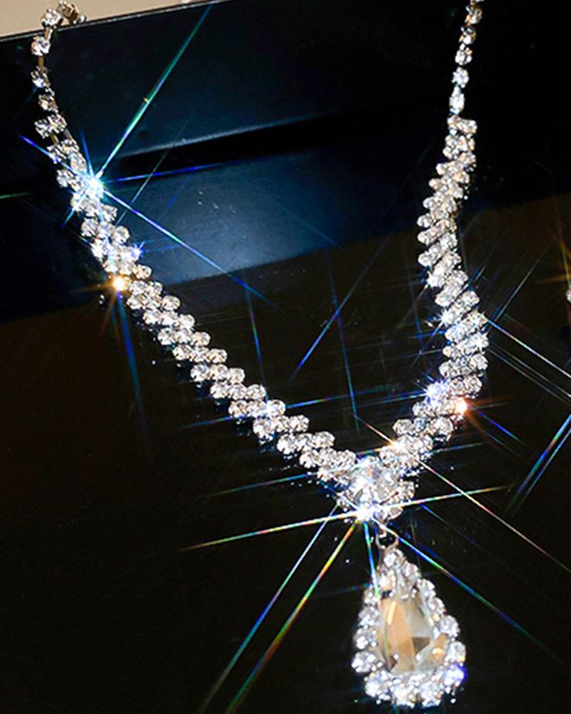 2PCS Rhinestone Waterdrop Pendant Necklace & Drop Earring Jewelry Set
