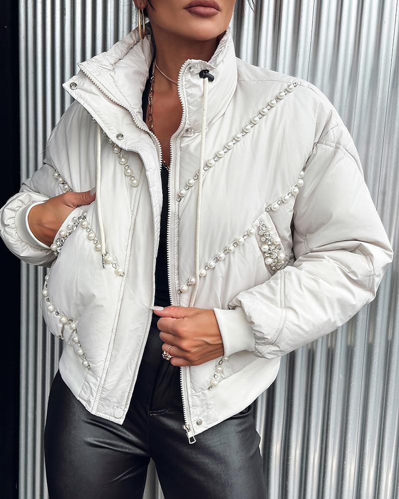 Stand Collar Beaded Quilted Puffer Coat