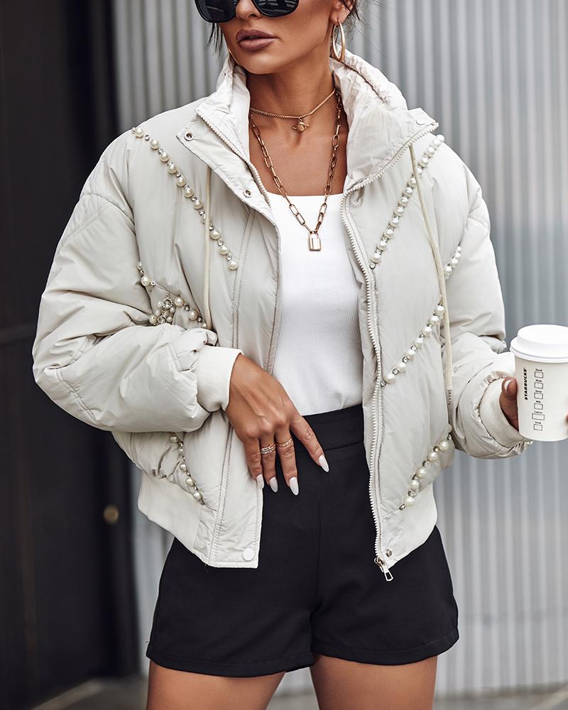 Stand Collar Beaded Quilted Puffer Coat