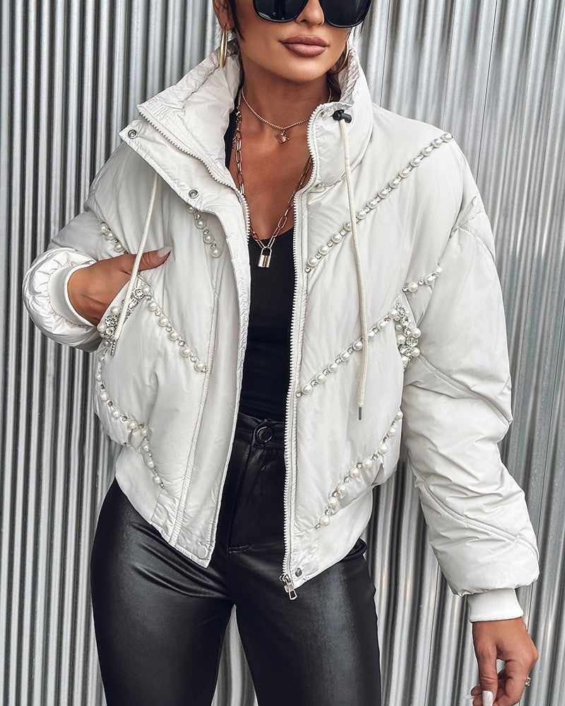 Stand Collar Beaded Quilted Puffer Coat