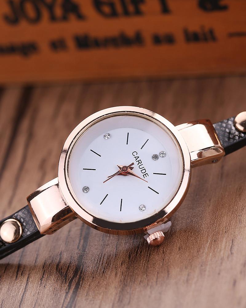 Minimalist PU Leather Rhinestone Quartz Wrist Watch & Bracelet Set