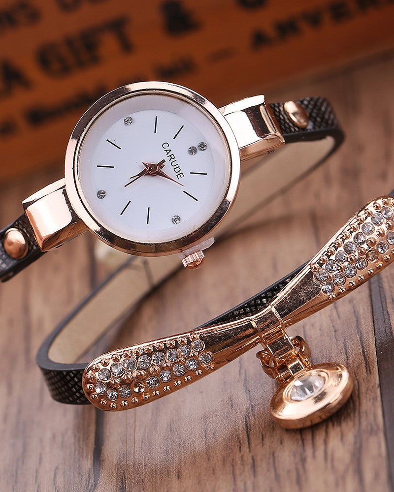 Minimalist PU Leather Rhinestone Quartz Wrist Watch & Bracelet Set