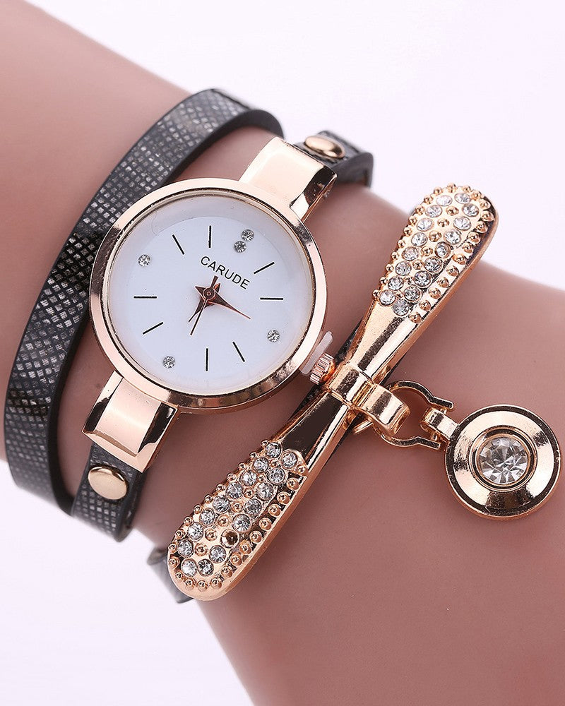 Minimalist PU Leather Rhinestone Quartz Wrist Watch & Bracelet Set