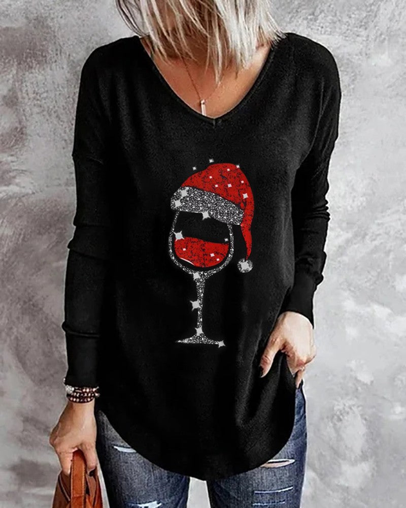 Christmas Hat Wine Glasses Print Long Sleeve Top