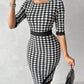Houndstooth Print Square Neck Wrap Work Dress