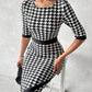 Houndstooth Print Square Neck Wrap Work Dress